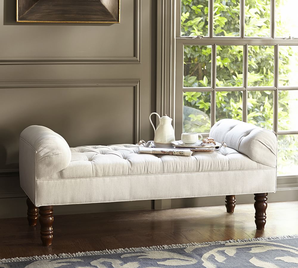 Online Designer Bedroom Lorraine Tufted Upholstered Bench, Espresso Legs, Performance Heathered Basketweave Ivory
