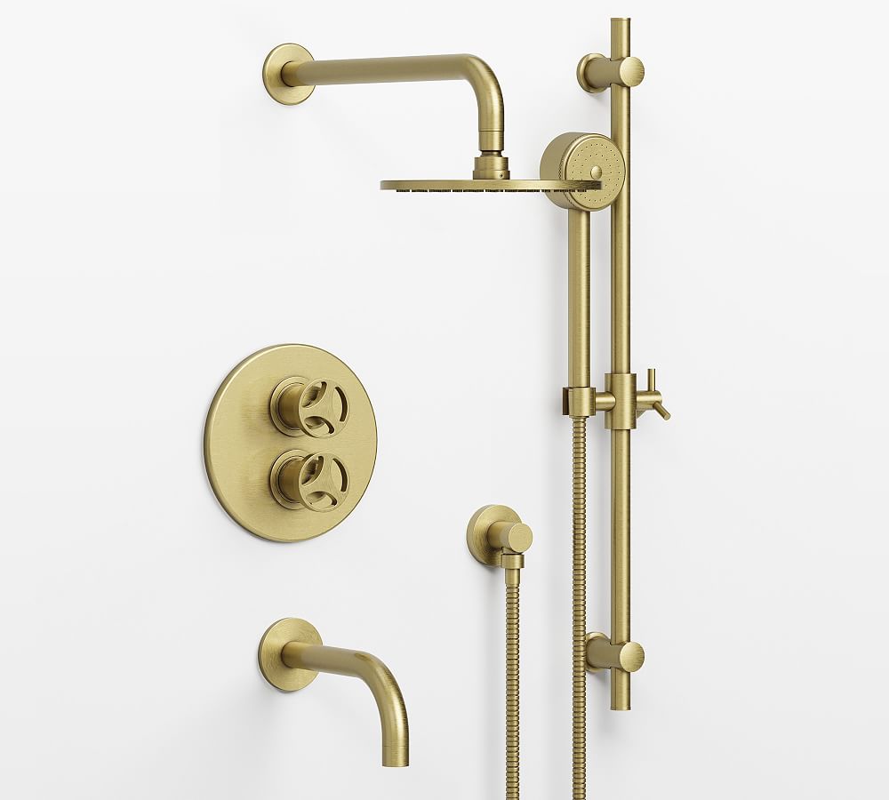 Online Designer Bathroom Tilden Thermostatic Cross-Handle Bathtub & Hand-Held Shower Faucet Set, Antique Brass