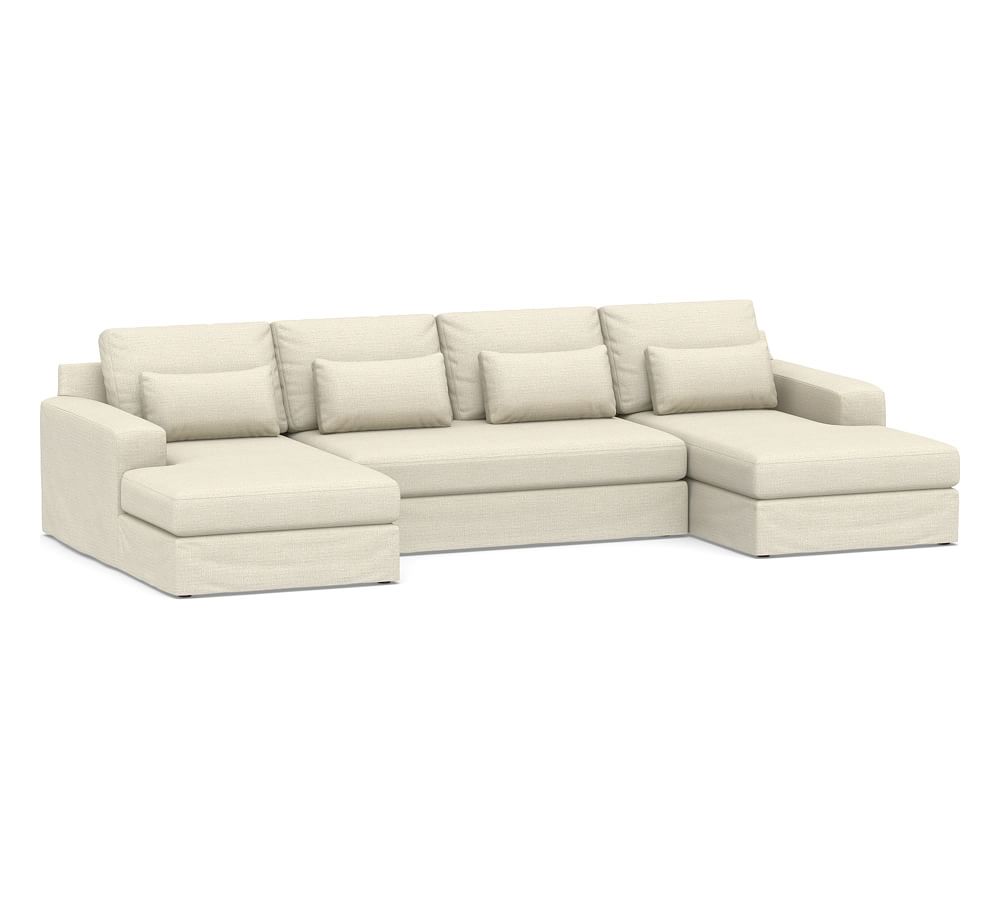 Online Designer Other Big Sur Square Arm Slipcovered Deep Seat U-Chaise Loveseat Sectional with Bench Cushion, Down Blend Wrapped Cushions, Basketweave Slub Oatmeal