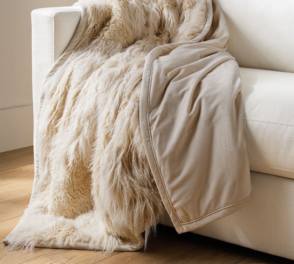 Online Designer Combined Living/Dining Mongolian Patchwork Faux Fur Throw: 60x80 Inches: Ivory