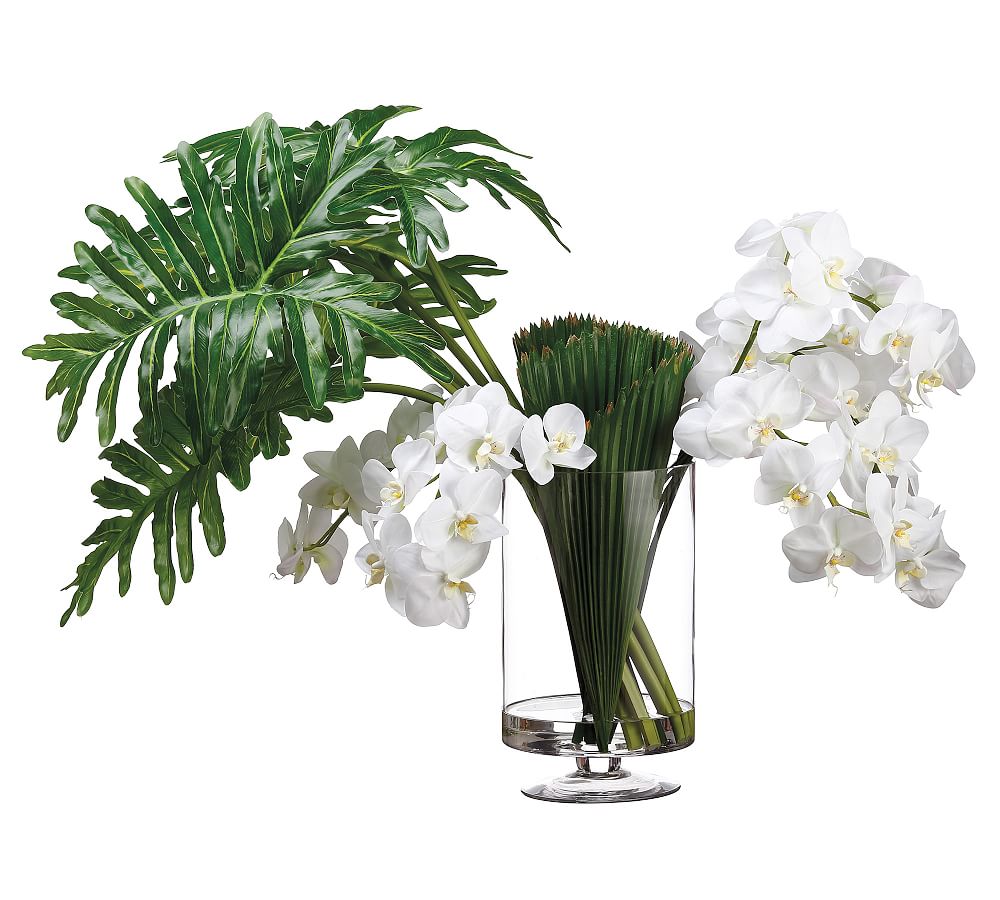 Online Designer Bedroom Faux Phalaenopsis, Selloum & Palm Leaf Arrangement In Glass Vase