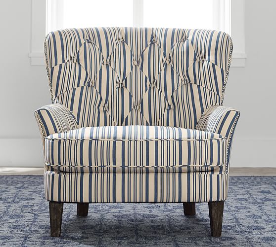 Cardiff Upholstered Tufted Armchair with Nailhead Antique Stripe Pottery Barn