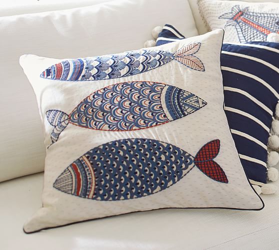 3 Fish Embroidered Pillow Cover Pottery Barn