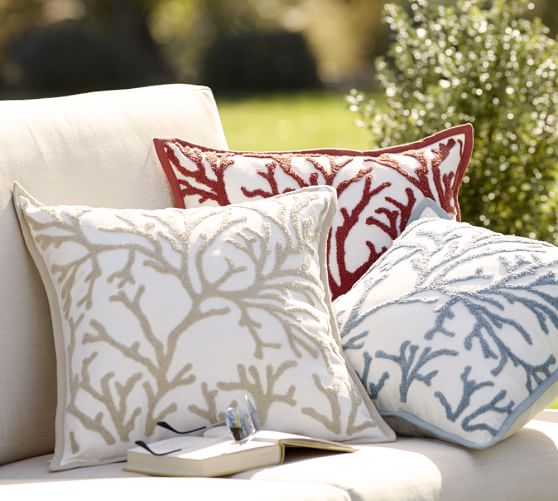 Branch Coral Embroidered Indoor/Outdoor Pillow Pottery Barn