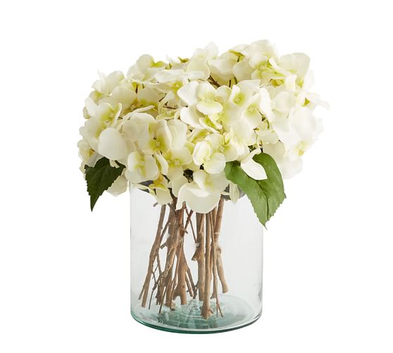 Faux White Hydrangea Arrangement in Glass Vase Pottery Barn