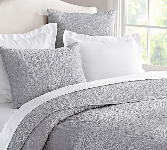 Belgian Flax Linen Floral Stitch Quilt & Sham Smoke Pottery Barn