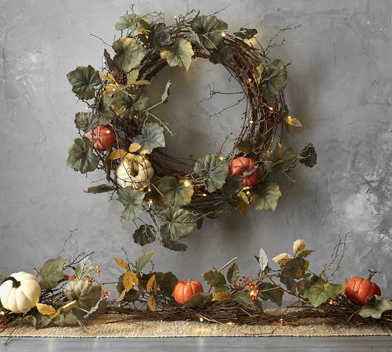 Lit Natural Pumpkin Wreath & Garland Pottery Barn