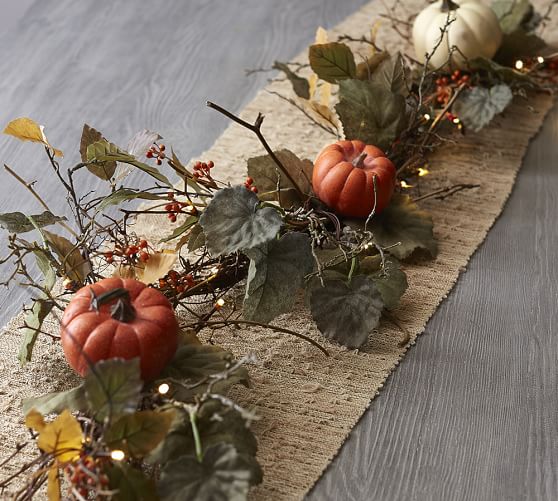 Lit Natural Pumpkin Wreath & Garland Pottery Barn