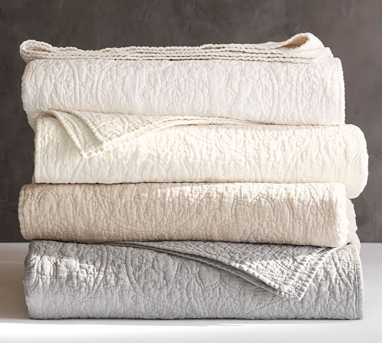 Belgian Flax Linen Floral Stitch Quilt & Sham Ivory Pottery Barn