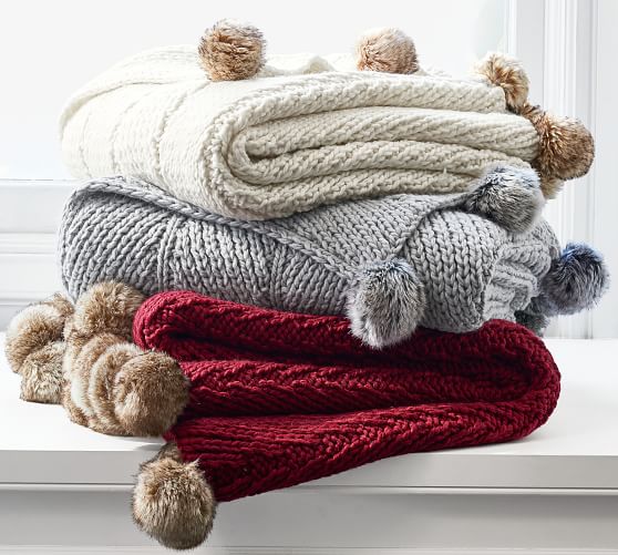 Faux Fur Pom Pom Knitted Throw Pottery Barn