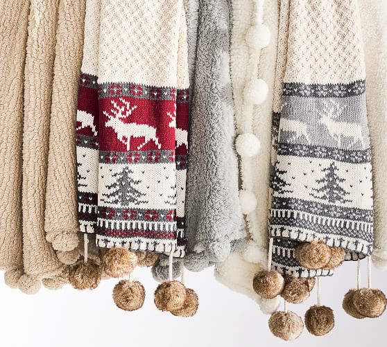 Fair Isle Fur Pom Pom Throw Pottery Barn