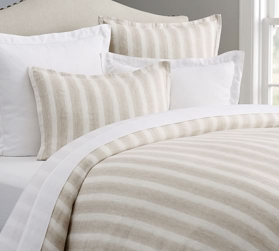 Jamie Stripe Linen/Cotton Duvet Cover & Sham, Flax Pottery Barn