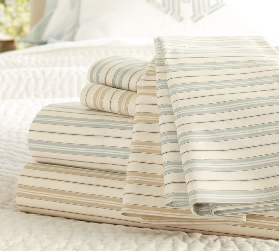Henri Ticking Stripe Organic Cotton Sheet Set, Twin, Dark Porcelain Blue
