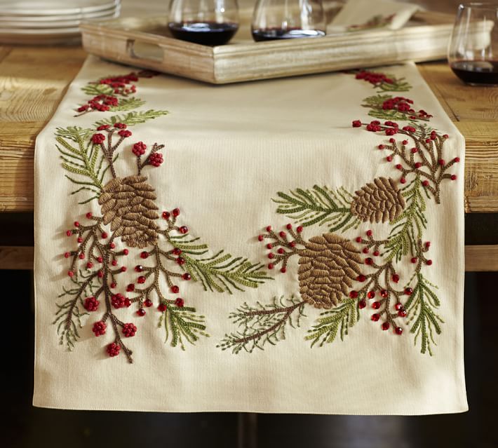 Pinecone & Berry Embroidered Table Runner