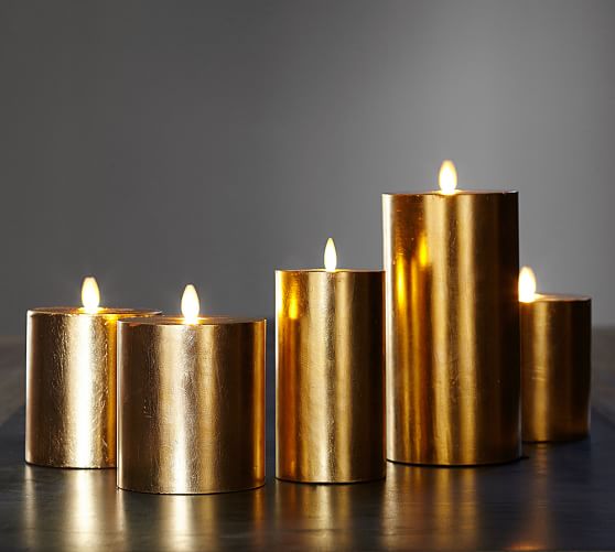Premium Flicker Flameless Gilt Pillar Candle Gold Pottery Barn