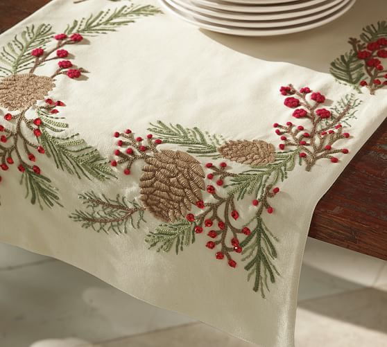 Pinecone & Berry Embroidered Table Runner Pottery Barn