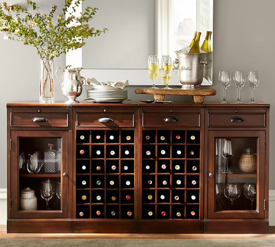 modular bar buffet with 2 wine grid bases & 2 glass door cabinets