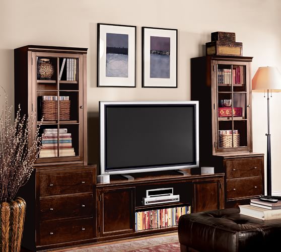 Logan Media Suite with Drawers and Glass Towers, Mahogany Stain