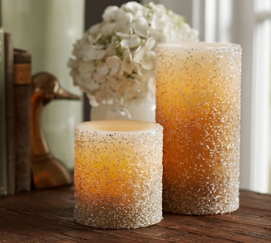 Flameless Gold Beaded Wax Pillar Candle Pottery Barn
