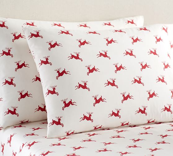Jumping Reindeer Organic Flannel Sheet Set Pottery Barn