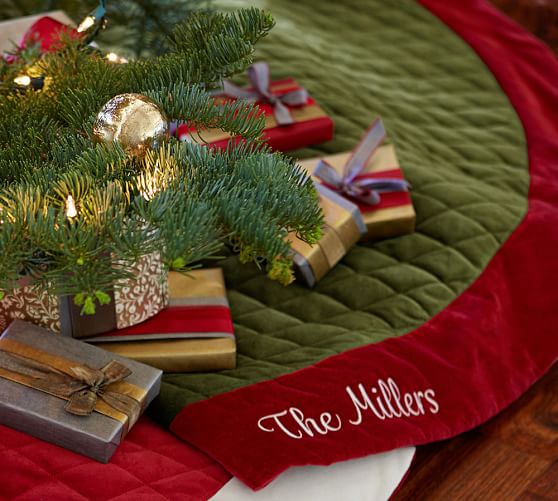 Velvet Tree Skirt, Green with Red Cuff Pottery Barn