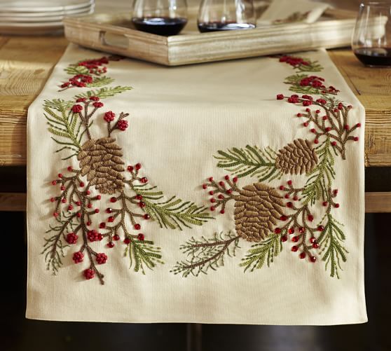 Pinecone & Berry Embroidered Table Runner Pottery Barn