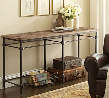 table console wood parquet tables reclaimed barn pottery coffee metal side living furniture potterybarn
