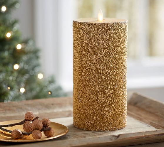 Premium Flicker Flameless Wax Pillar Candle Gold Beaded Roll Over Image To Zoom