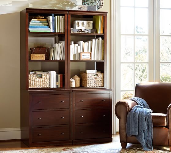Logan Bookcase with Drawers, Mahogany Stain Pottery Barn