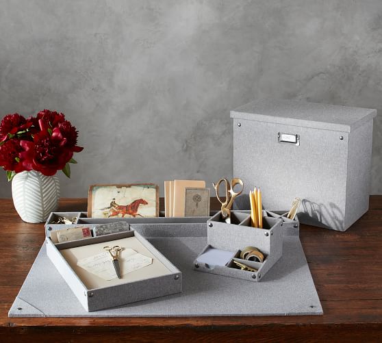 Gray Blythe Linen Desk Accessories, Tall File Box Pottery Barn