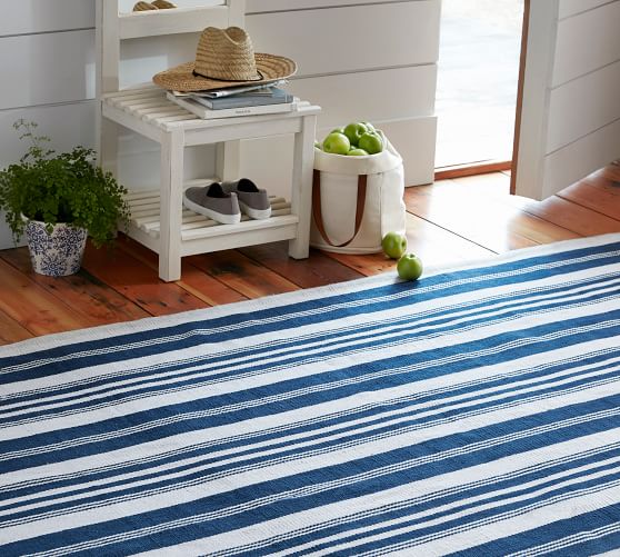 Oxford Stripe Recycled Yarn Indoor/Outdoor Rug Blue Pottery Barn