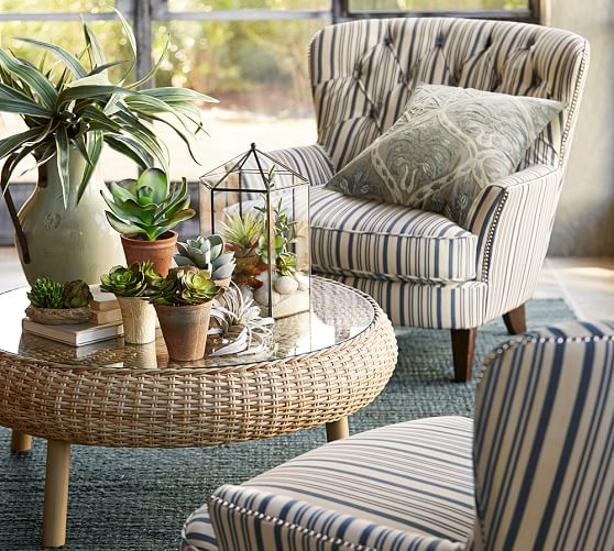 Cardiff Upholstered Tufted Armchair with Nailhead Antique Stripe Pottery Barn