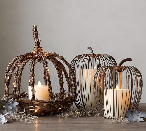 Beaded Wire Pumpkin Hurricane - Weathered Metal | Pottery Barn