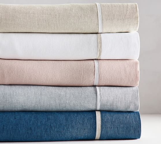 Belgian Flax Linen Contrast Flange Sheet Set Soft Rose/White