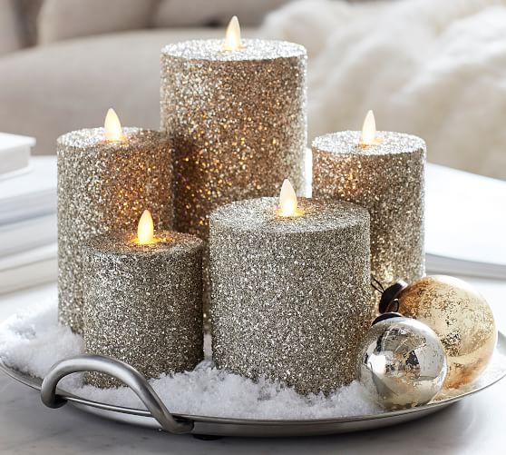 Premium Flicker Flameless German Glitter Pillar Candle Silver