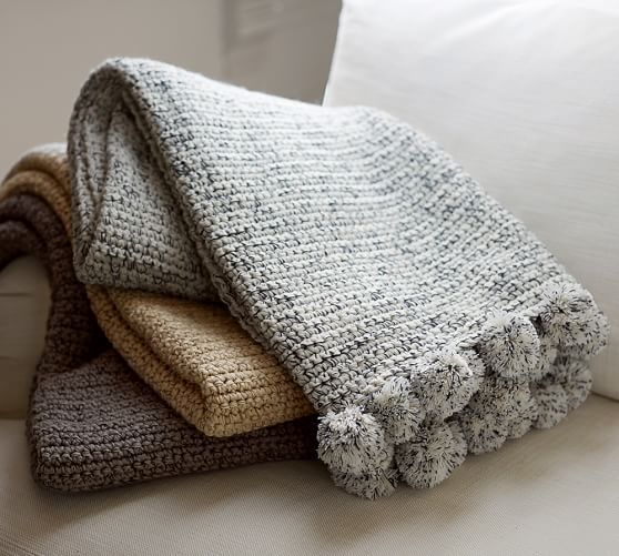 Pom Pom Hand Crochet Throw 50x60", Heather Gray Pottery Barn