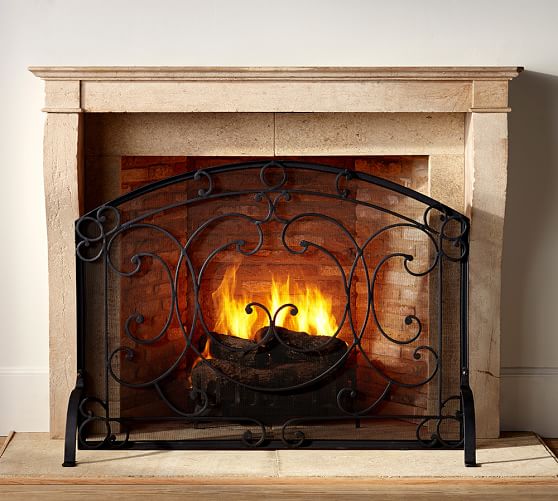 Aspen Fireplace Single Screen | Pottery Barn Decorative scrollwork makes our fire screen and tools distinctive. KEY PRODUCT POINTS • Screen is backed with heavy iron mesh. • Tool set includes a shovel