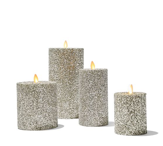 Premium Flicker Flameless German Glitter Pillar Candle Silver