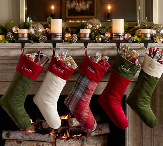 Newbury Plaid Stocking With Velvet Red Cuff Pottery Barn Roll Over Image To Zoom