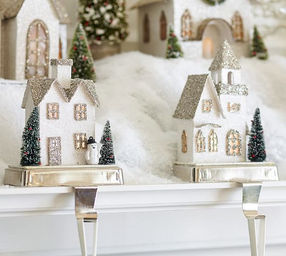 Lit German Glitter Village Houses Stocking Holders Pottery Barn