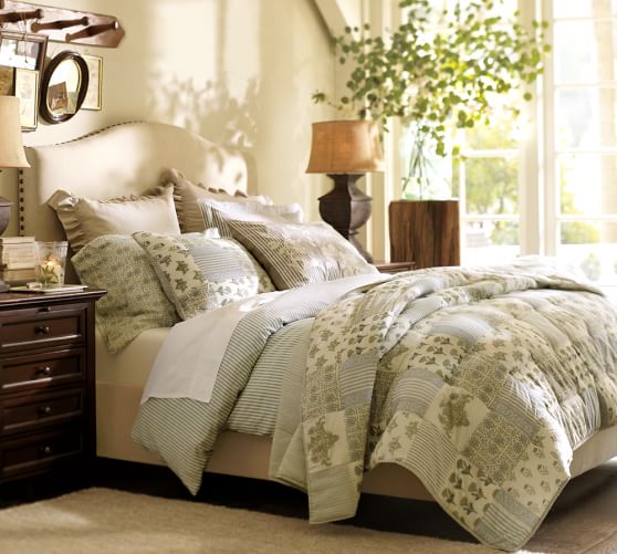 Raleigh Upholstered Camelback Tall Bed with Nailhead & Hudson Dresser