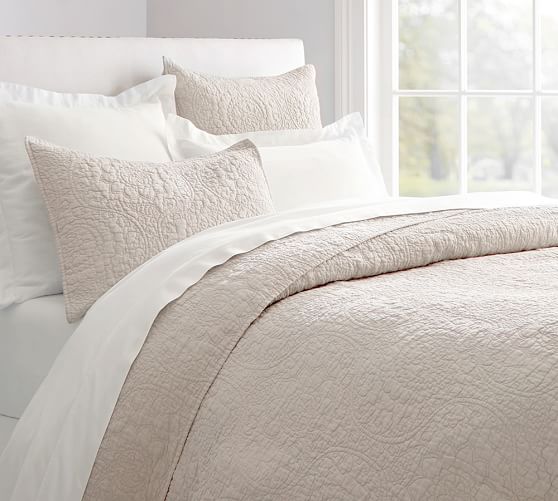 Belgian Flax Linen Floral Stitch Quilt & Sham Ivory Pottery Barn