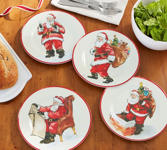 Painted Santa Melamine Salad Plates, Mixed Set of 4 Pottery Barn