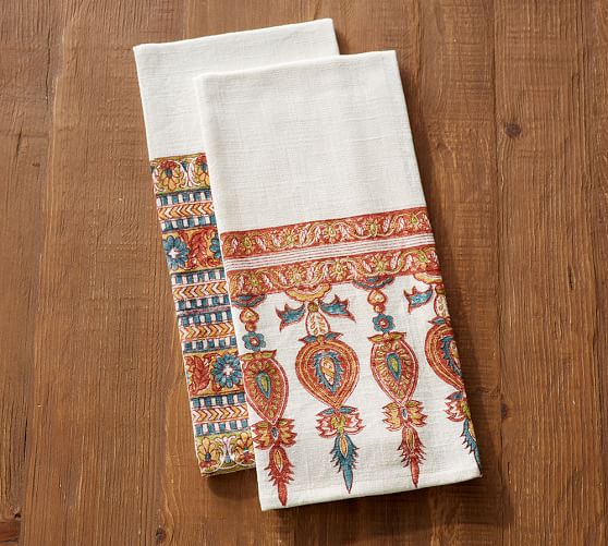 block print tea towels mixed set of 2 pottery barn