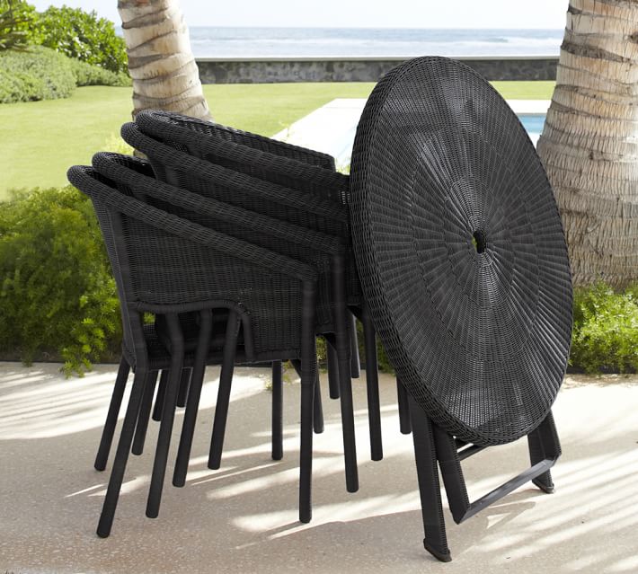 Palmetto All Weather Wicker Folding Bistro Table Chair Set Black Palmetto All Weather Wicker Folding Bistro Table Chair Set Black Pottery Barn