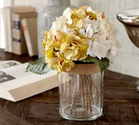 Faux Hydrangea Arrangement in Clear Glass Vase Ivory Pottery Barn