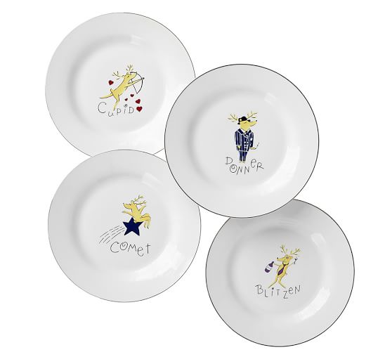 Santa\'s Reindeer Dinner Plate, Mixed Set of 4 | Pottery Barn Santa\'s Reindeer Dinner Plate, Mixed Set of 4 | Pottery Barn