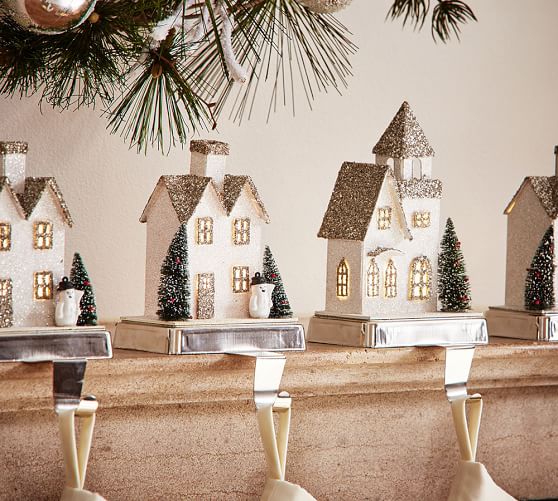 Lit German Glitter Village Houses Stocking Holders Pottery Barn