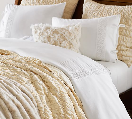 Ruched Velvet Coverlet & Sham Ivory Pottery Barn