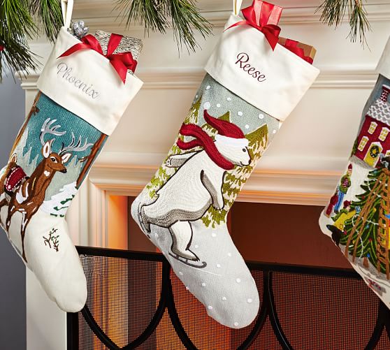 Ice Skating Polar Bear Crewel Embroidered Stocking Pottery Barn